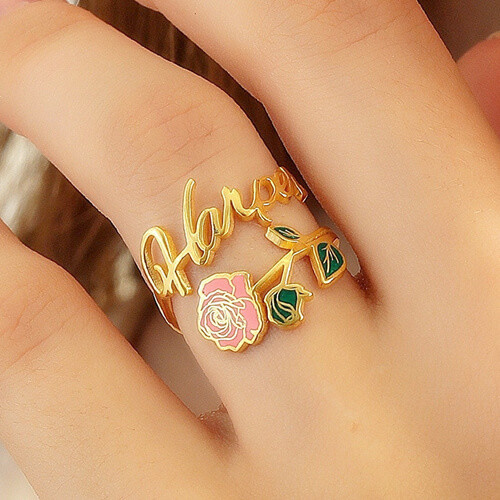 personalized enamel birth month flower nameplate jewelry suppliers wholesale custom enamel rings with names gold bulk manufacturers